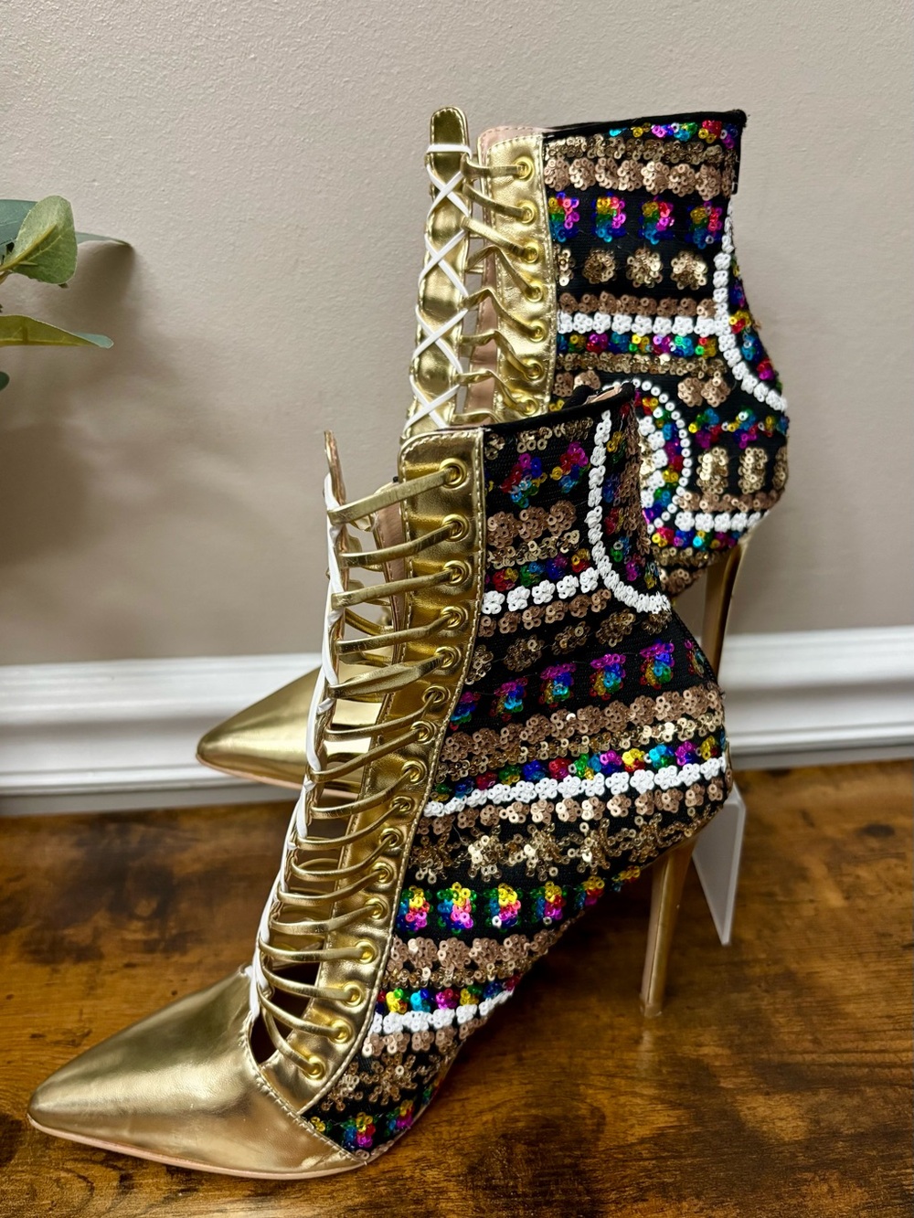 Dolly-Inspired Fancy Multi-Colored Sequined Gold Lace-Up Stiletto Booties, Sz 9